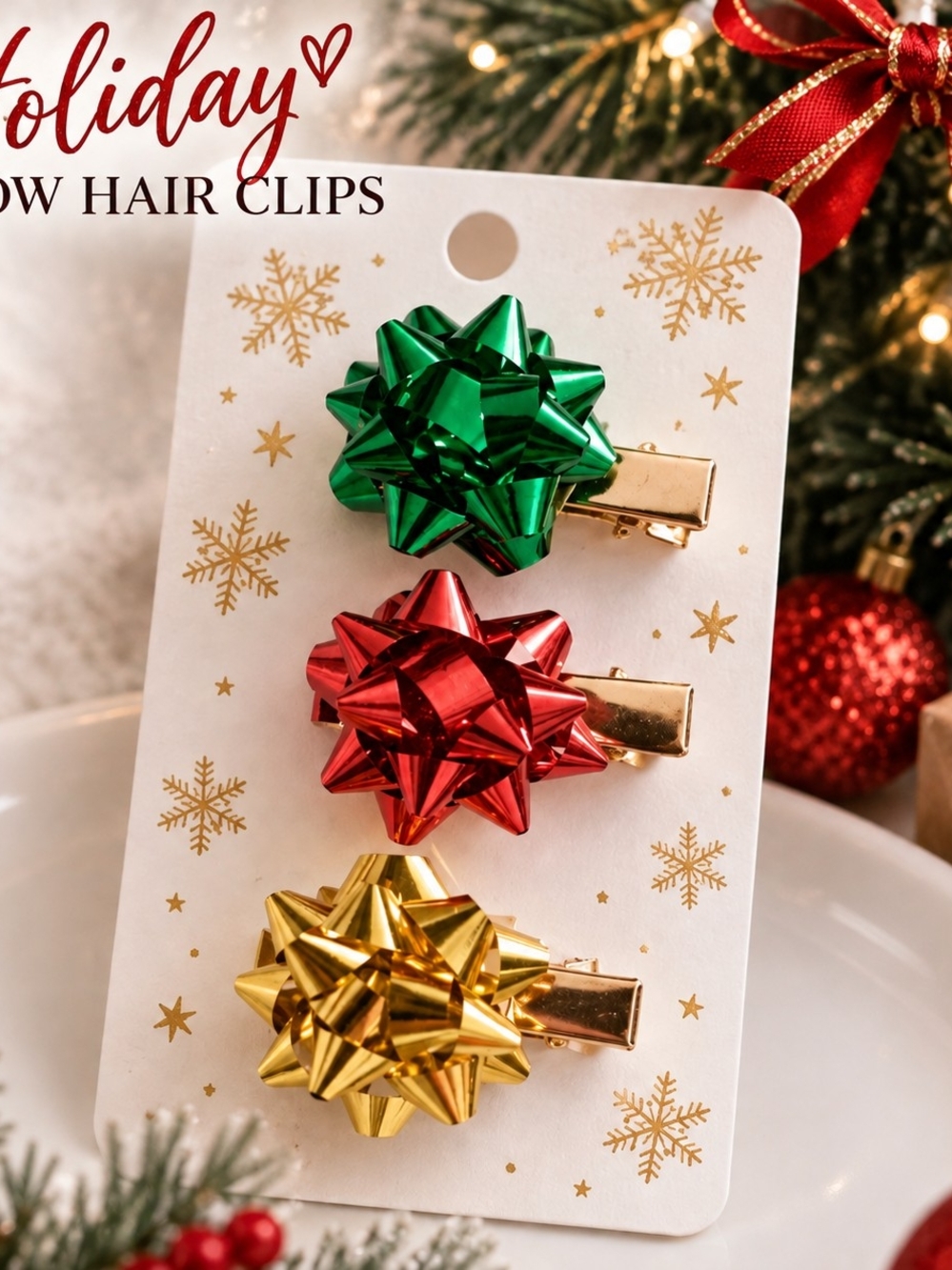 Holiday Christmas Gift Bow Hair Clips - Green, Red & Gold New